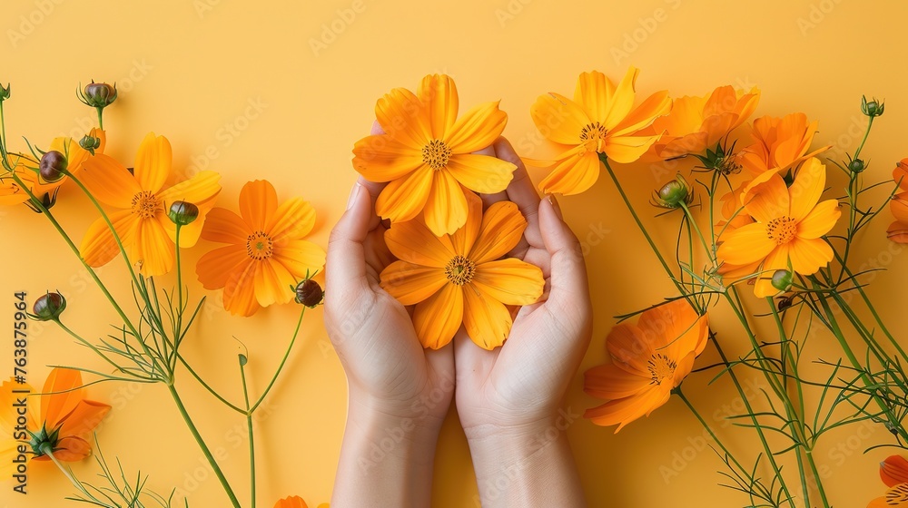 Happy thursday have a nice day message card handwriting with orange flowers cosmos,Generative ai,  - obrazy, fototapety, plakaty 