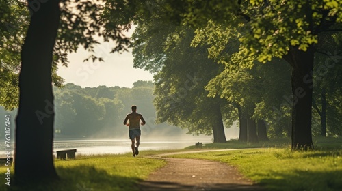 A photo of a person jogging in the park in summer