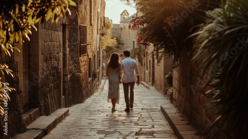 A couple in love walks down the street of the old town, holding hands