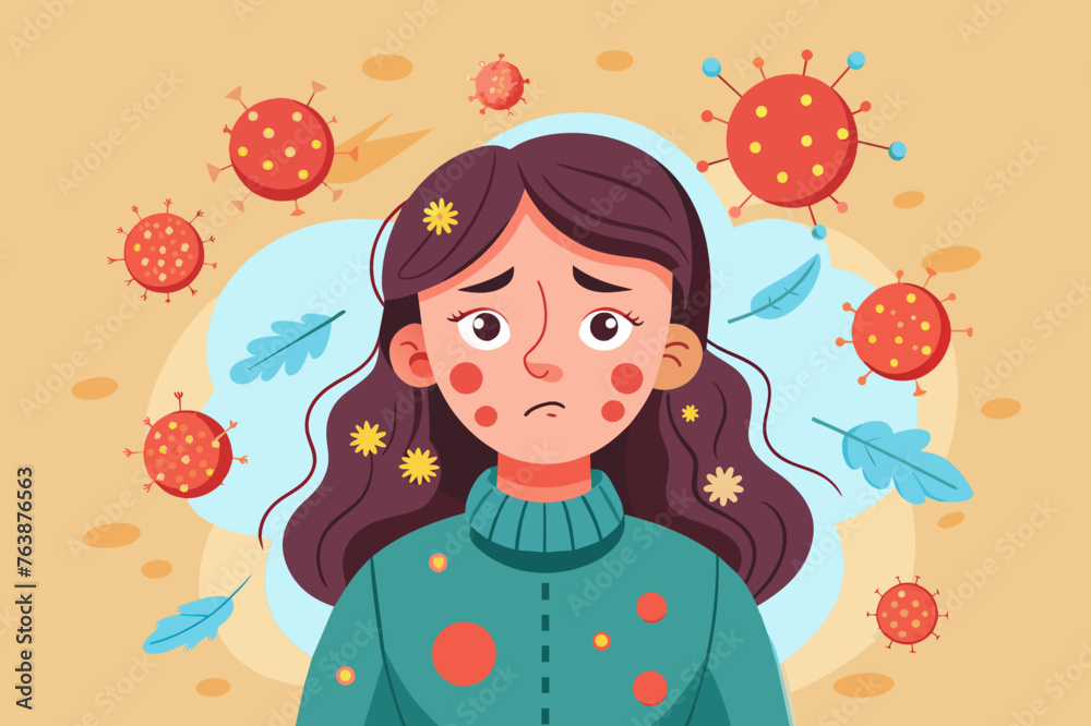 a girl with a surprised, frightened expression on his face. allergic reaction in the form of red spots on the face. seasonal allergy to pollen from flowering plants. concept is medicine, treatment a girl with a surprised, frightened expression on his face. allergic reaction in the form of red spots on the face. seasonal allergy to pollen from flowering plants. concept is medicine, treatment