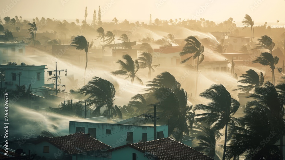 Fototapeta premium Hurricane and heavy rain in a tropical city with palm trees 