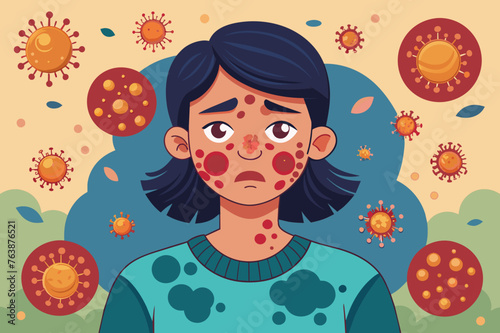 a girl with a surprised, frightened expression on his face. allergic reaction in the form of red spots on the face. seasonal allergy to pollen from flowering plants. concept is medicine, treatment