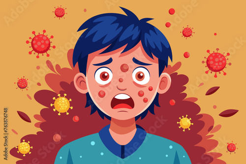 a boy with a surprised, frightened expression on his face. allergic reaction in the form of red spots on the face. seasonal allergy to pollen from flowering plants. concept is medicine, treatment