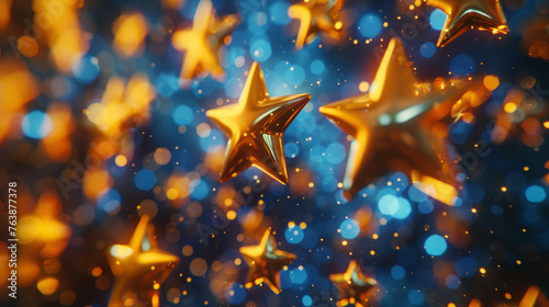 Customer review rating concept. Shimmering golden stars with a bokeh light effect on a deep blue background  conveying a festive or celebratory mood for versatile use in design and marketing.