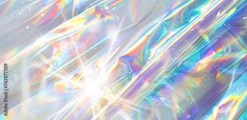 White background, light rays of rainbow colors and iridescent translucent beams of white light shining