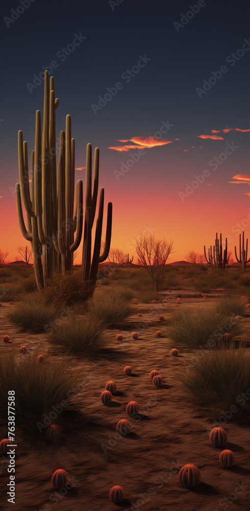 Sunset over the desert with cactuses and other plants.