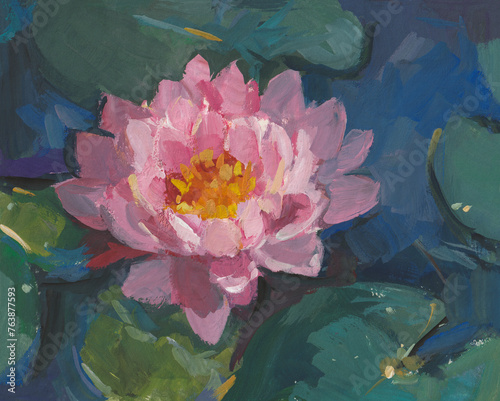 Water lily gouache painting. A delicate pink flower bloomed in the summer garden. Quick sketch, hand-drawn illustration. The concept of romance, fragility, beauty of nature. Layout for graphic design photo