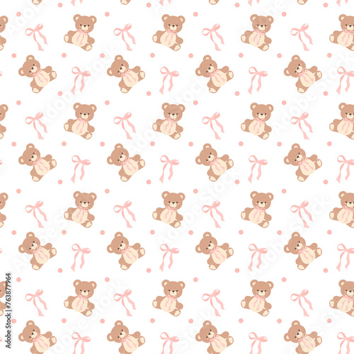 Fototapeta Naklejka Na Ścianę i Meble -  Coquette seamless pattern teddy bear with ribbon bow pink