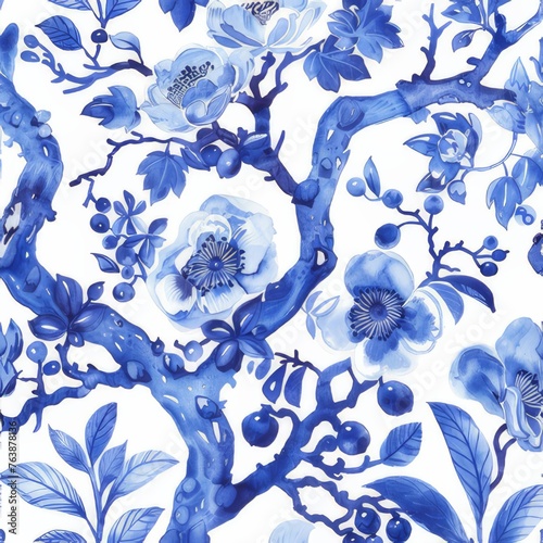 Watercolor Seamless pattern with blue and white