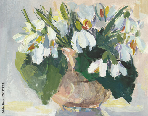Bilde på lerret Snowdrops vase gouache painting