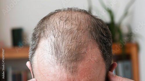 confronting hair loss a man with a receding hairline shows his partially bald head in a candid image illustrating hair fall issues photo