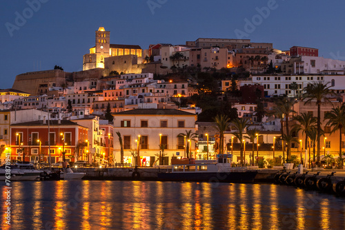Ibiza old town by night, Ibiza Island, Balearic Islands, Spain