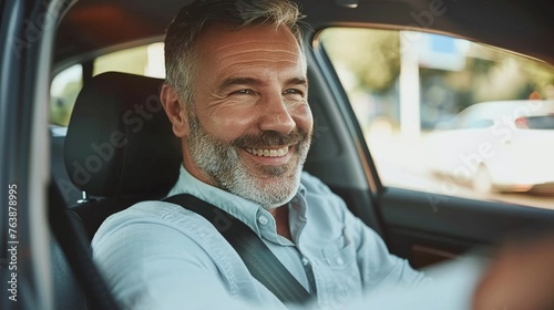 joyful midlife professional man with a seat belt securely fastened driving his car and smiling at the thought of the day ahead