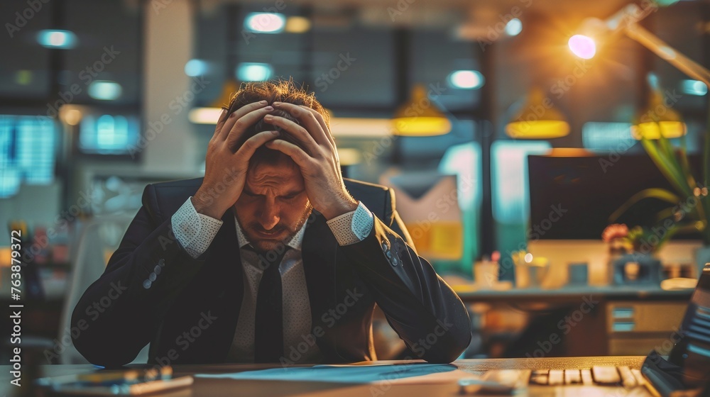 businessman in office background feeling the weight of stress and the strain of financial loss in today's market businessman in office background feeling the weight of stress and the strain of financial loss in today's market