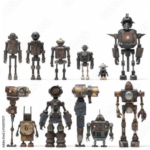 A collection of nine unique vintage-style robots, each with distinctive designs and rustic finishes. They are displayed against a white background, highlighting their individuality and the intricate