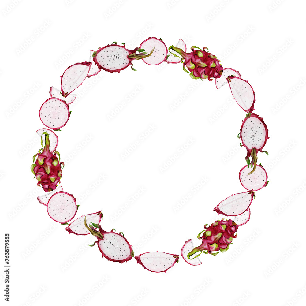 Dragon fruit. Watercolor round frame made of pitaya, whole and cut parts. Frame of exotic fruits. Clip art isolated on white background. Botanical illustration Dragon fruit. Watercolor round frame made of pitaya, whole and cut parts. Frame of exotic fruits. Clip art isolated on white background. Botanical illustration