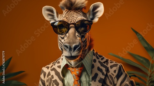 a cute flirting wild animal from africa character in a fashionable suit and shaded glasses, ready for the prom, open hawiian shirt , year 1960 Fashion 