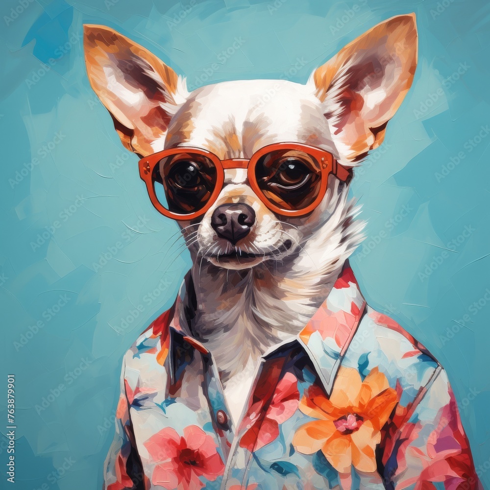 A royal flirting white chihuahua character in a fashionable clothes and shaded glasses