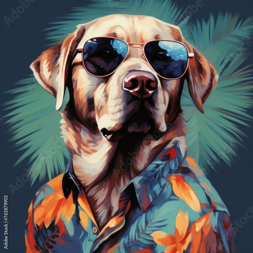 A royal flirting labrador retriver character in a fashionable clothes and shaded glasses, open hawiian shirt , year 1970 Fashion photo
