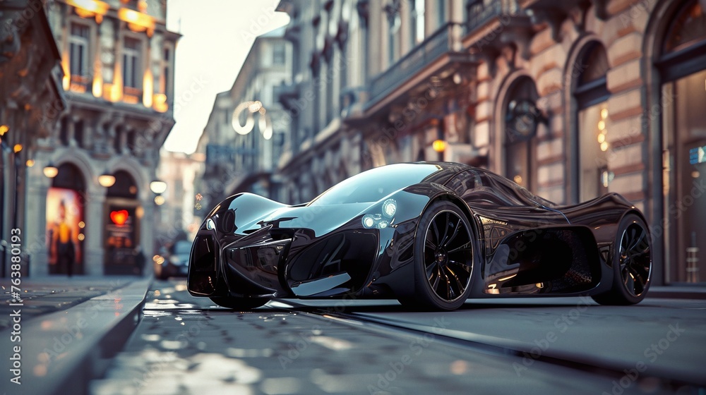 futuristic sports super concept car on the street of a european city street racing on expensive exclusive luxury auto