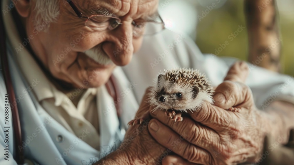Elderly male veterinarian examines newly born hedgehog. Hands with mammal. close-up. Concept of - obrazy, fototapety, plakaty 