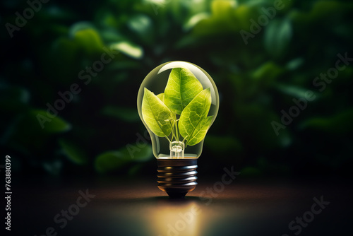 green leafs in light bulb. Ecological energy efficiency. Green energy concept.