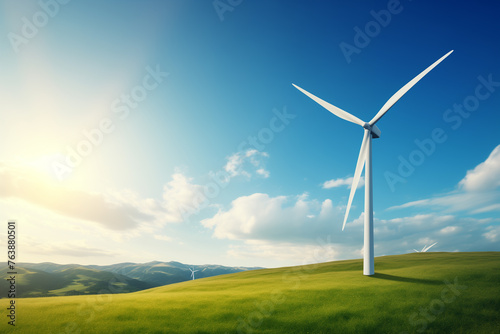 Windmill farm in green field with bright sky. Green Energy concept.