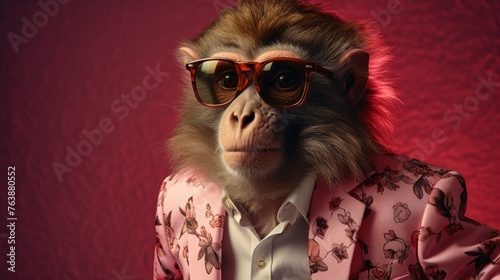 a cute flirting monkey character in a fashionable suit and shaded glasses, ready for the diskotek, open hawiian shirt , year 1970 Fashion photography © Frank