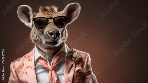 a cute flirting wild animal from africa character in a fashionable suit and shaded glasses, ready for the prom, open hawiian shirt , year 1960 Fashion © Frank