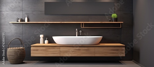A detailed view of a bathroom sink underneath a wooden shelf mounted above it