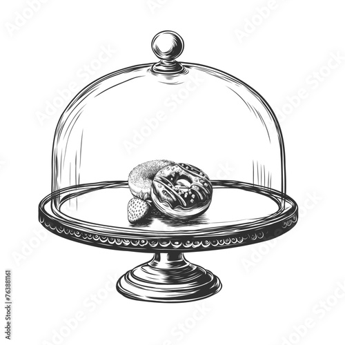 Hand drawn vector illustration with glazed donuts on serving tray. Sketch drawing. Engraving Sweet dessert isolated on white background.