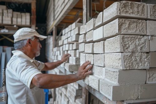 man arranging aerated concrete blocks on a storeroom shelf photo