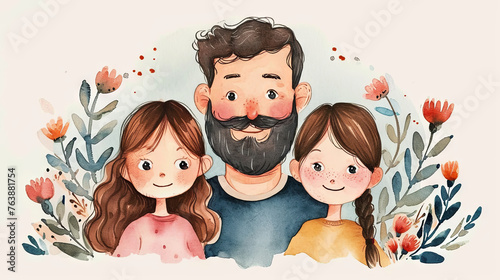 Watercolor illustration with father and two daughters. Happy Father's Day concept