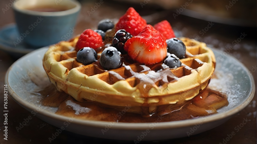 Waffles with berry fruit and caramel sauce on plate for International Waffle Day on March 25