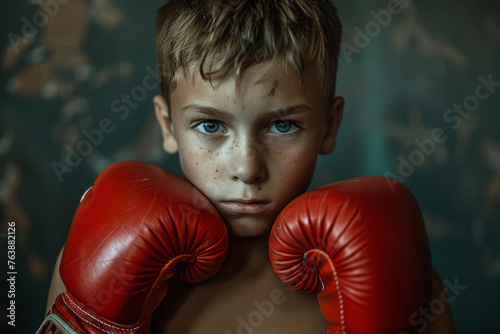 Skinny scared boy in boxing gloves looking at the camera © Lazy_Bear