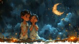 Two young girls sit closely in a mystical forest, their faces lit by a gentle moon glow and the warm light of fireflies. They share a secret moment, the world around them alive with the magic of a