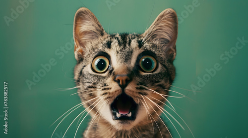 crazy surprised cat making big eyes, portraying a moment of amusing feline expression, green background