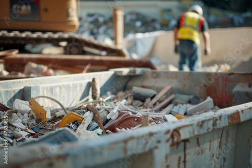 large rolloff dumpster with assorted construction waste, worker in background photo