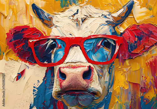 A colorful, textured painting of a cow wearing red sunglasses, set against a vibrant, abstract background.