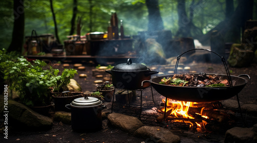 campfire and pots in the forest