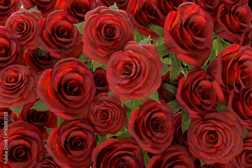 close-up view of vibrant red roses  intricate petals and green leaves. greeting card  expressing love  romance  or for use in a floral arrangement or garden setting