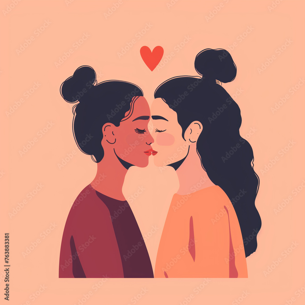 silhouette illustration of two interracial women in love, kissing