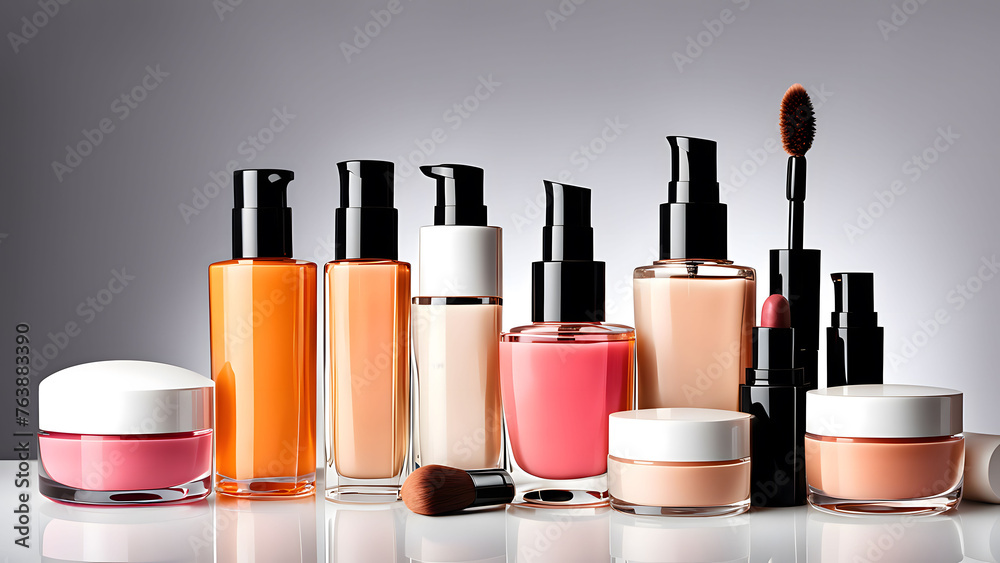 set of cosmetic products on light background set of cosmetic products on light background