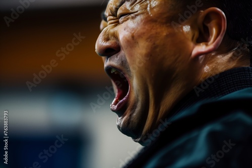 closeup of kung fu masters face while executing a powerful yell during kata