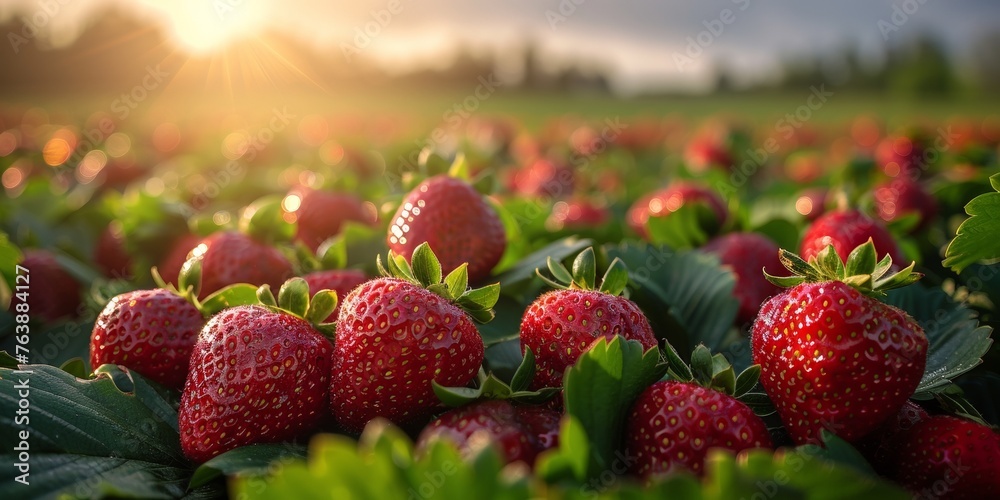 An organic bounty of ripe red strawberries, bursting with nutrition and freshness. - obrazy, fototapety, plakaty 