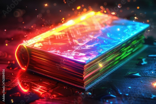 Open Magic Book. Rainbow Colored Neon Lights Illuminate the Pages. Red, Blue, Green, and Yellow Hues in this Futuristic Glowing Wonder for Teachers Day, Literacy Day, Education, and World Book Day