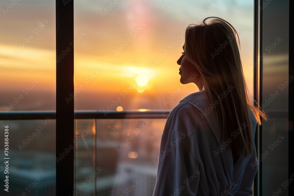 Fototapeta premium woman in bathrobe looking at sunrise from penthouse window