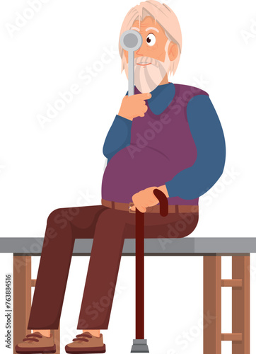 Senior man sit on chair. Old person check vision