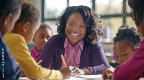 A smiling teacher is interacting with young students around a table in a bright classroom.