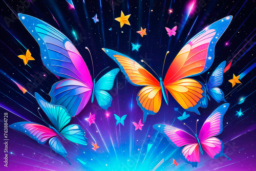 Fantasy butterflies with neon light on a in magical darkness. © EL_design